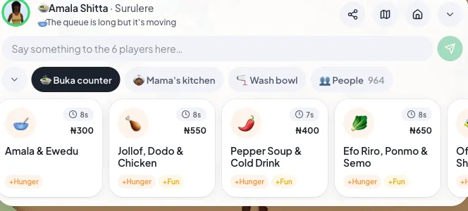 The Amala Shitta Buka counter menu with Amala and Ewedu at 300 naira, Jollof Dodo and Chicken at 550, Pepper Soup at 400 and Efo Riro at 650