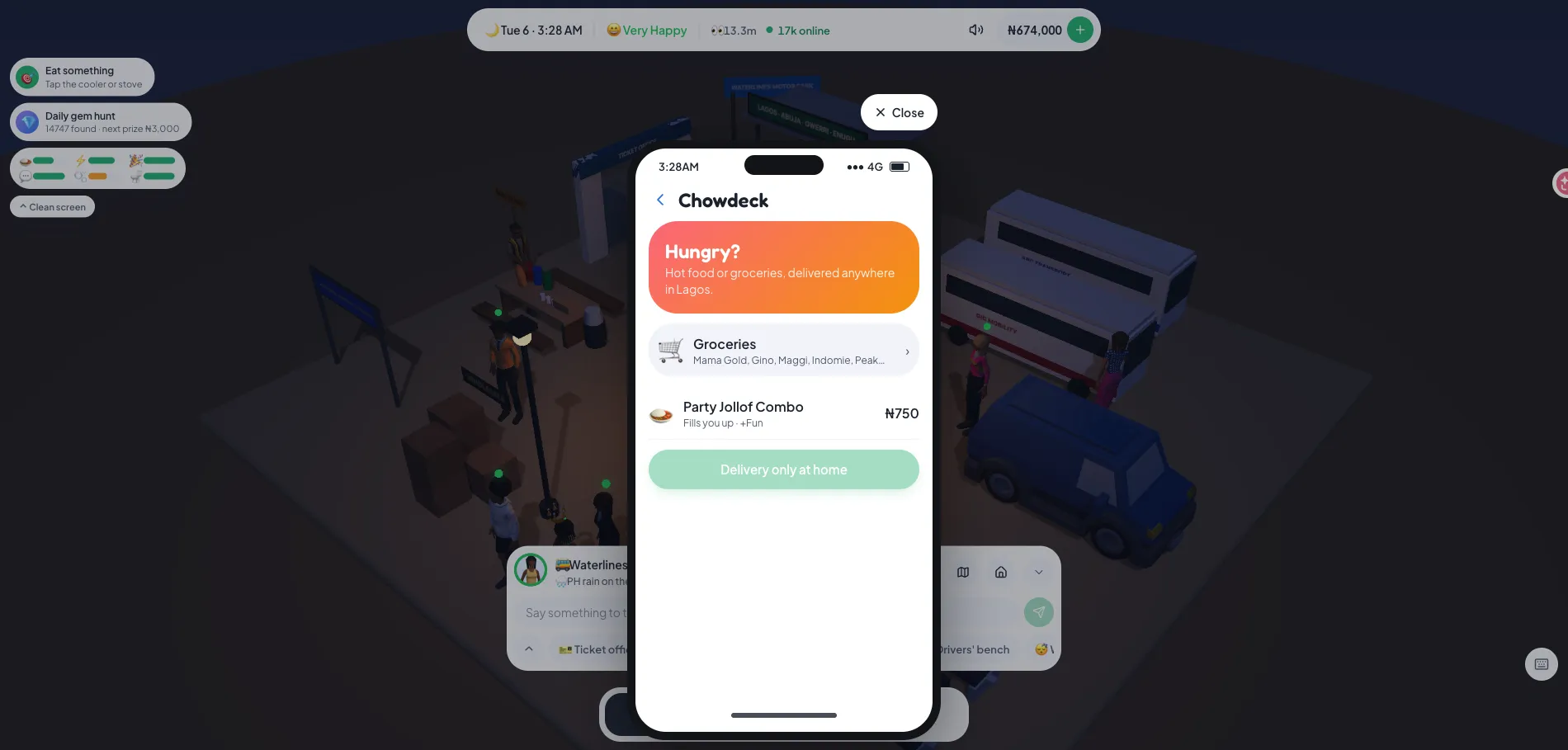 The Chowdeck food delivery app showing a Party Jollof Combo at 750 naira with delivery only at home