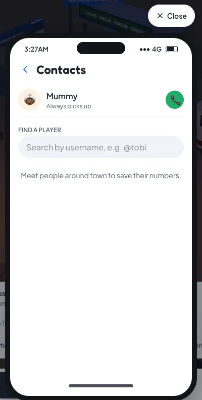 The Contacts app showing Mummy who always picks up, and a Find a Player search by username