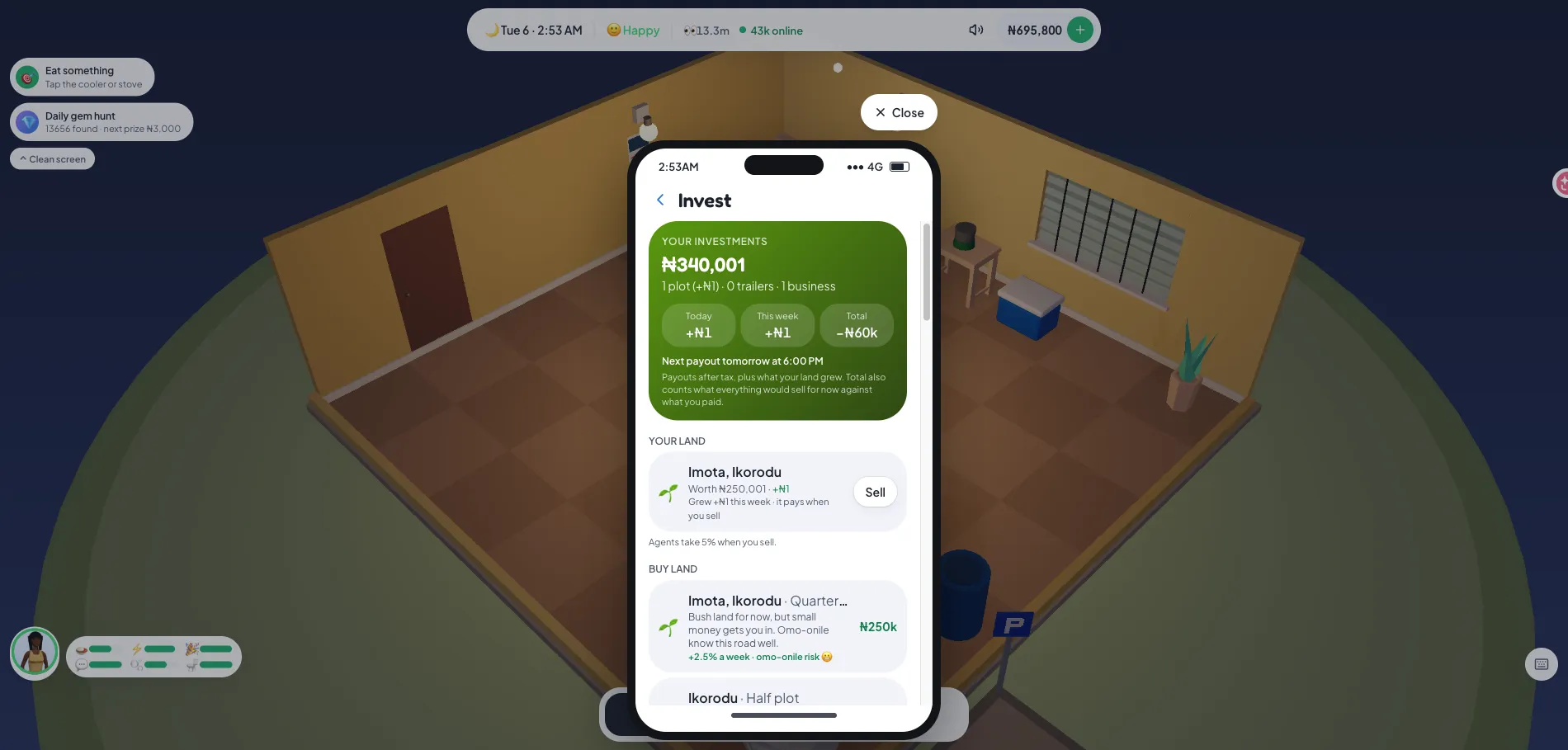 The Invest app showing land for sale with prices and growth rates, and the investments summary