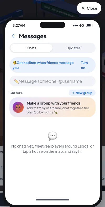 The Messages app with Chats and Updates tabs, a message box and a New group button
