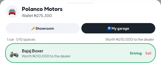 The Polanco Motors garage tab showing a Bajaj Boxer worth 210,000 naira to the dealer with Driving and Sell buttons