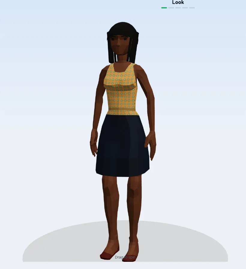 A low-poly woman in an Ankara print top and black skirt on the character creation screen