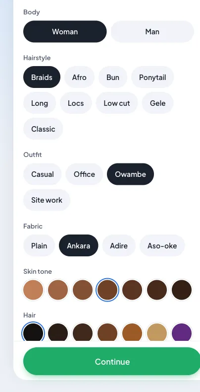 The look panel with body, hairstyle, outfit, fabric, skin tone and hair colour options