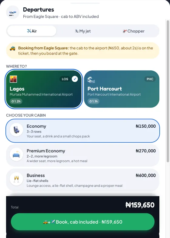 The Departures booking page with destinations Lagos and Port Harcourt and the Economy, Premium Economy and Business cabins with prices