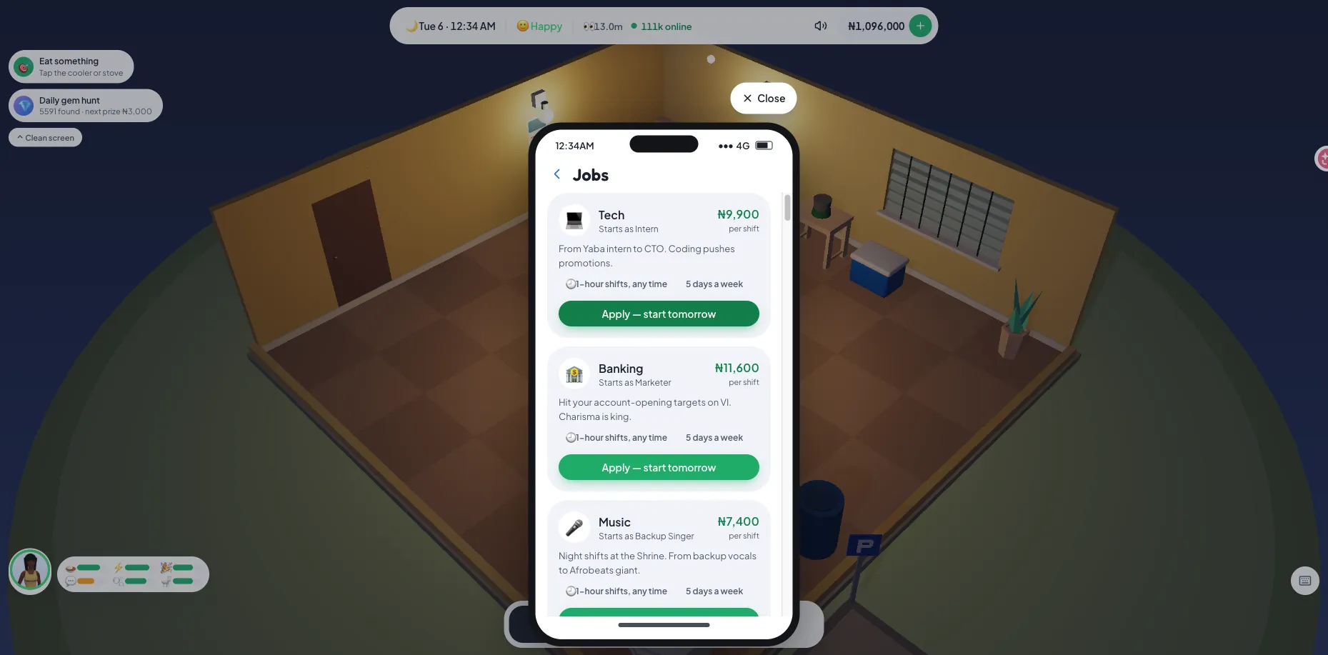 The Jobs app on the in-game phone listing Tech, Banking and Music with pay per shift