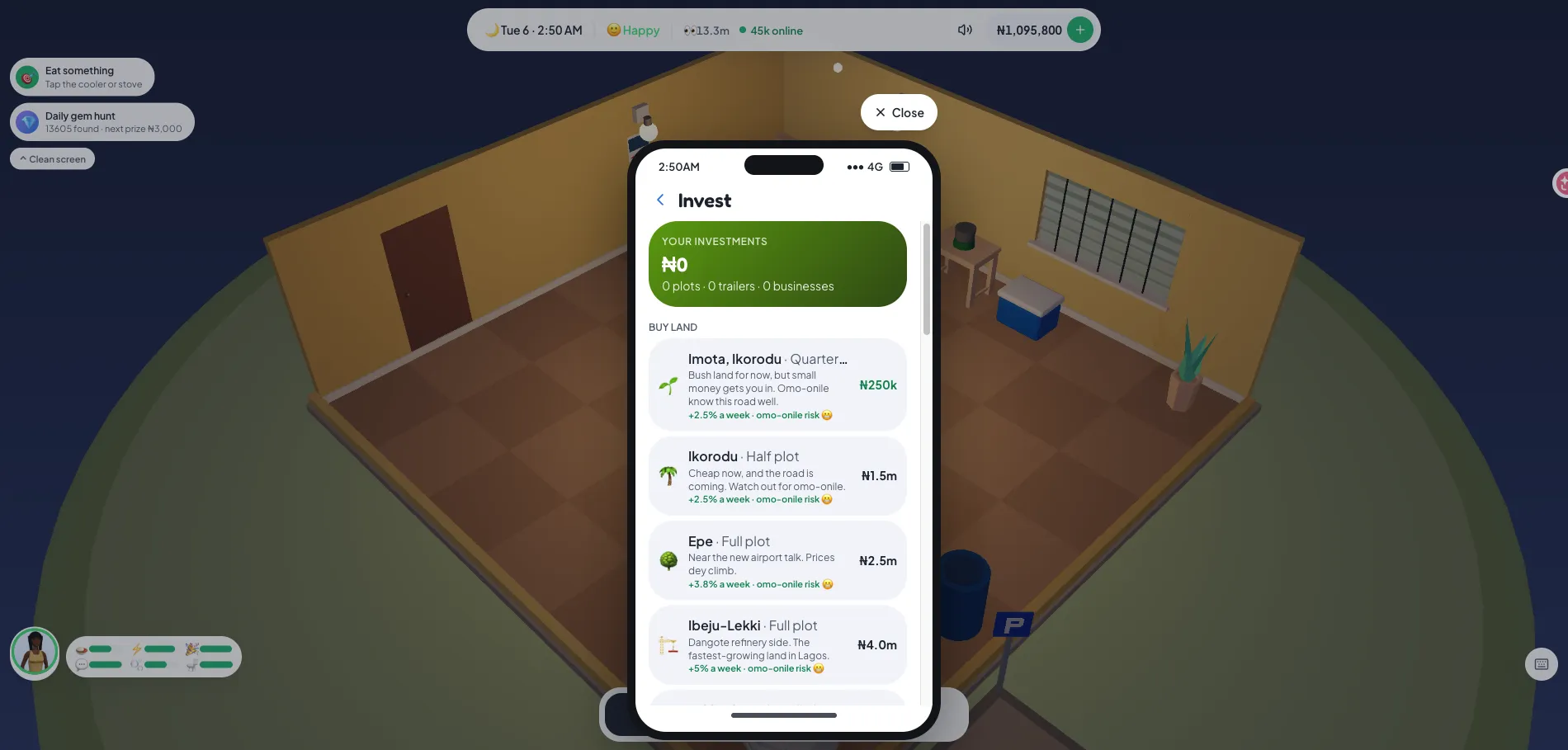 The Invest app listing land for sale with prices, weekly growth and omo-onile risk