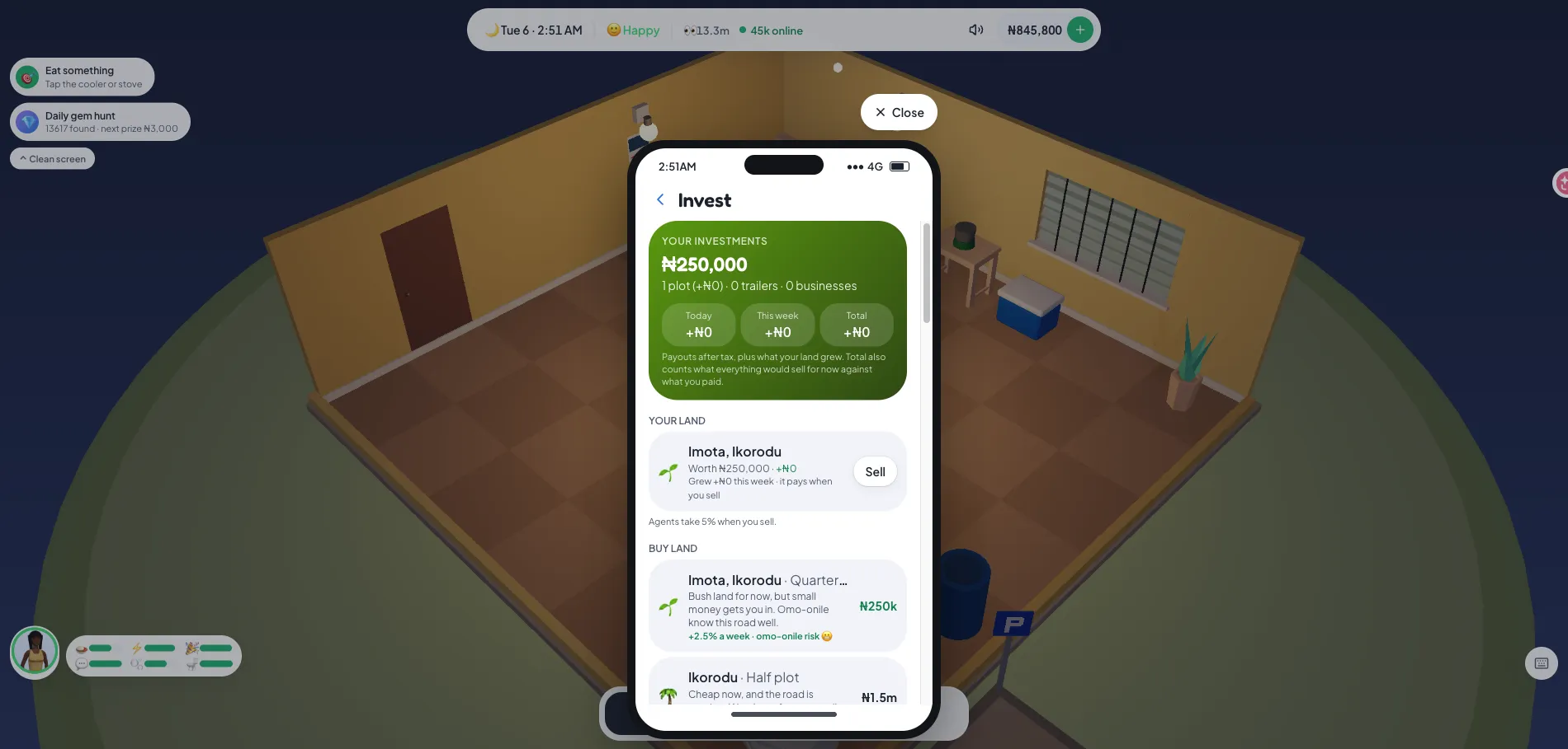 The Invest app showing the owned Imota plot worth 250,000 naira with a Sell button and the note that agents take 5 percent