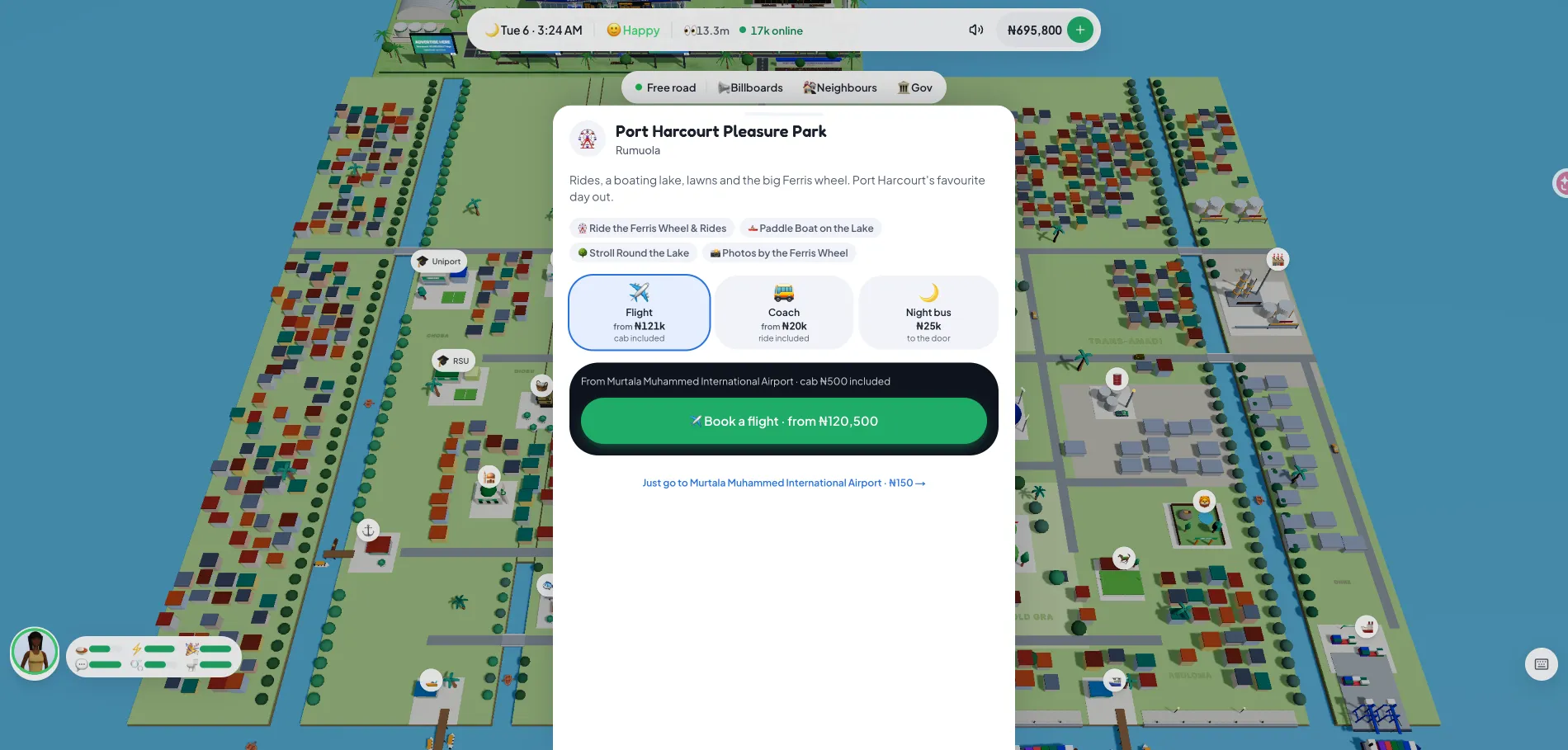 The Port Harcourt Pleasure Park card with flight, coach and night bus options and their prices